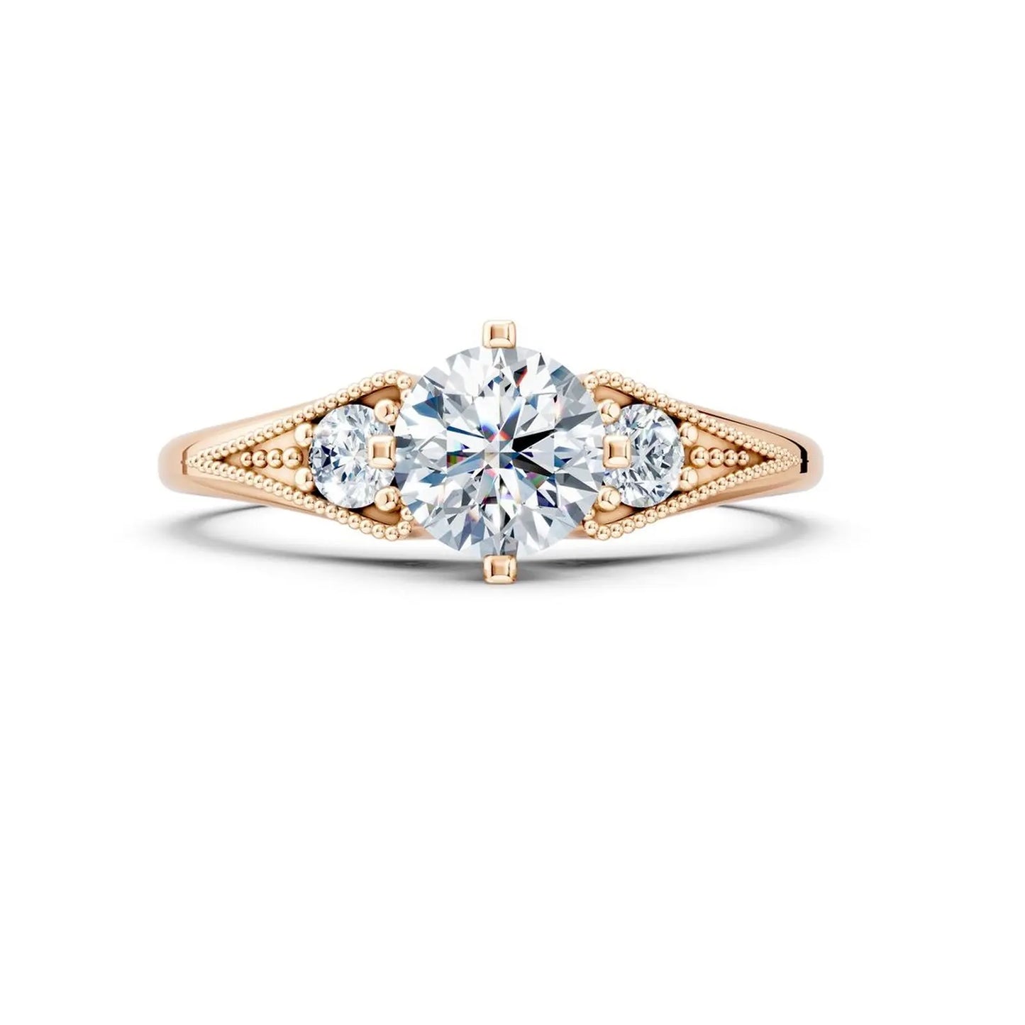 Vintage Three-Stone Round Diamond Milgrain Engagement Ring - Round