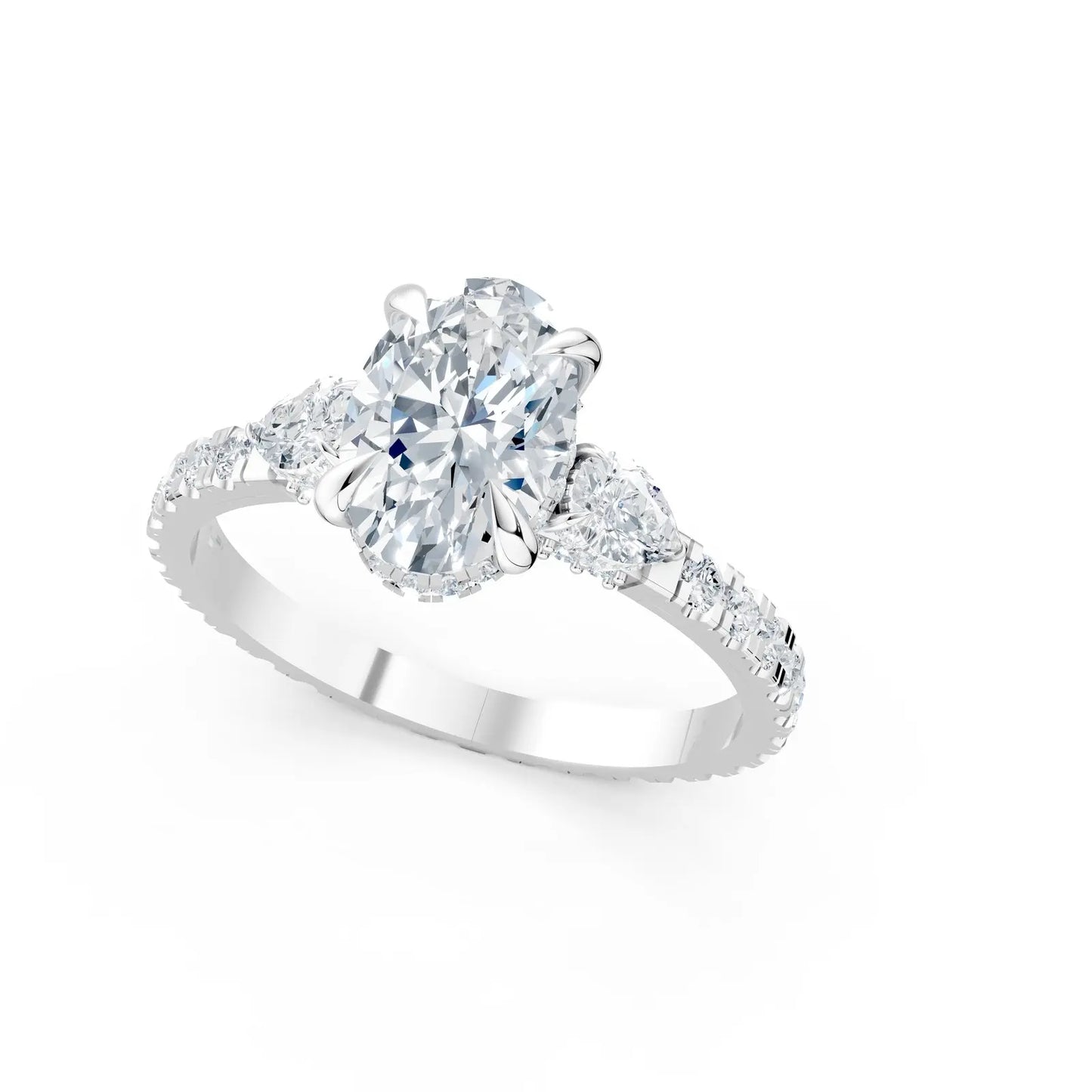 Oval Center Stone with Pear Side Stones, Pave Band & Halo Engagement Ring Forever For Love