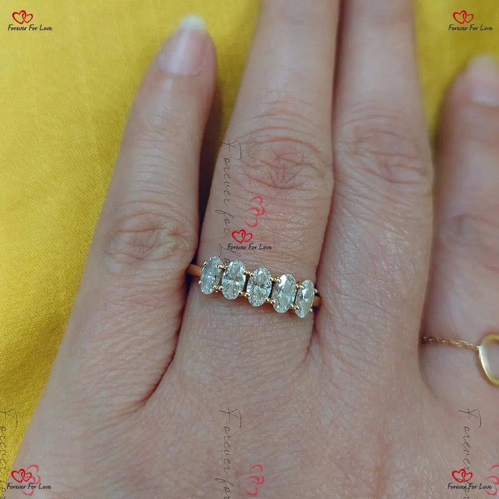 Oval Diamond Wedding Band, Five Stone Half Eternity Band For Her Forever For Love