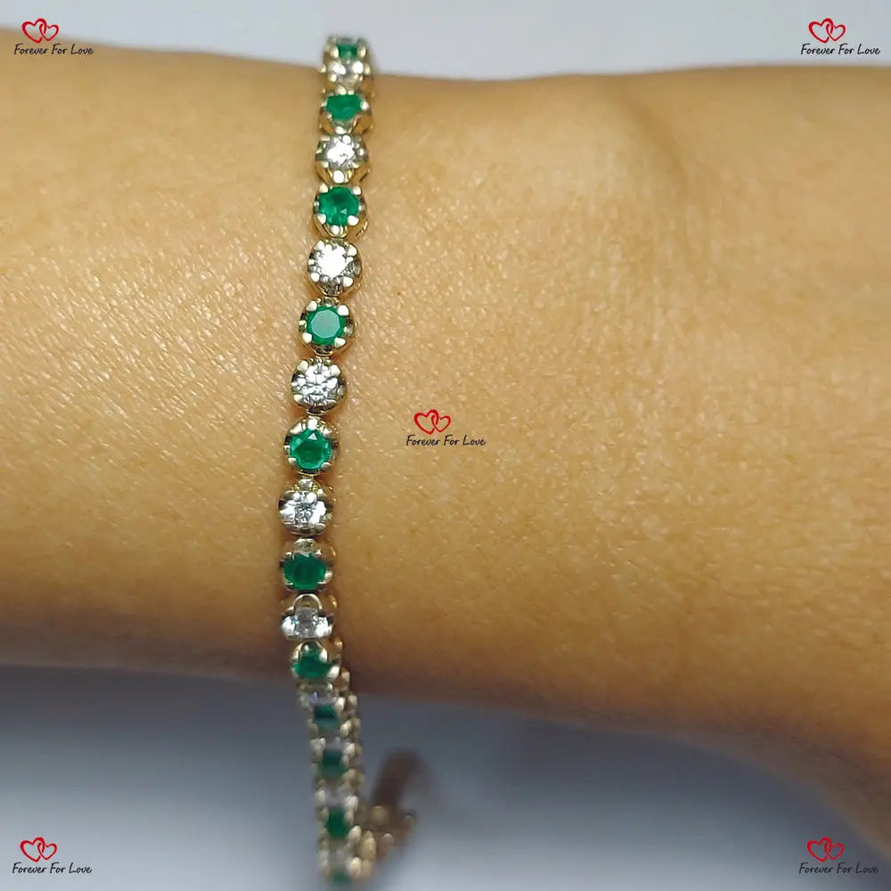 Gold Bezel Set Diamond and Emerald Tennis Bracelet Forever For Love