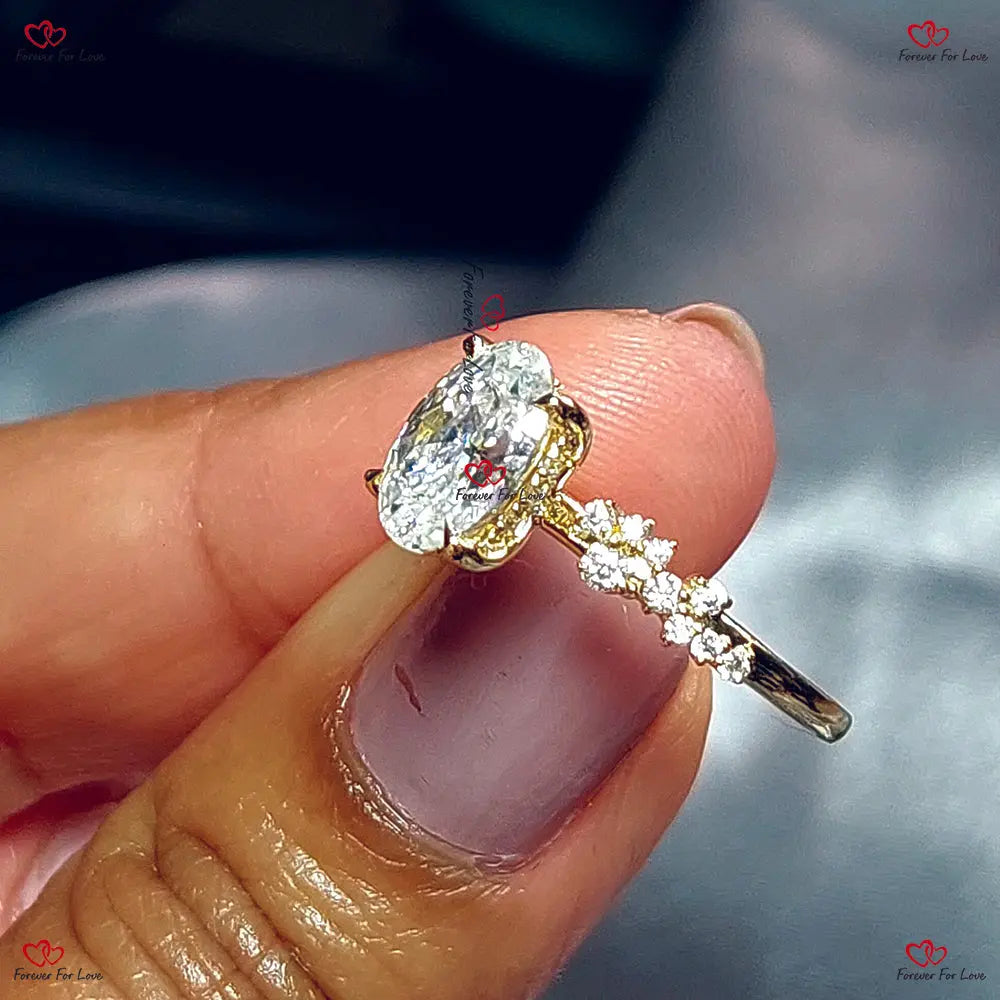 Unique Vintage Style Hybrid Crushed Ice Oval Moissanite Ring – Cluster Diamond Engagement Ring in Solid Gold Forever For Love