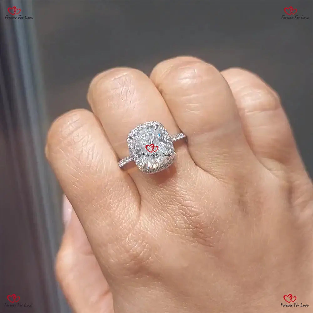 Cushion Cut Moissanite Engagement Ring with Hidden Halo - Hybrid Crushed Ice Solitaire in Solid Gold Forever For Love