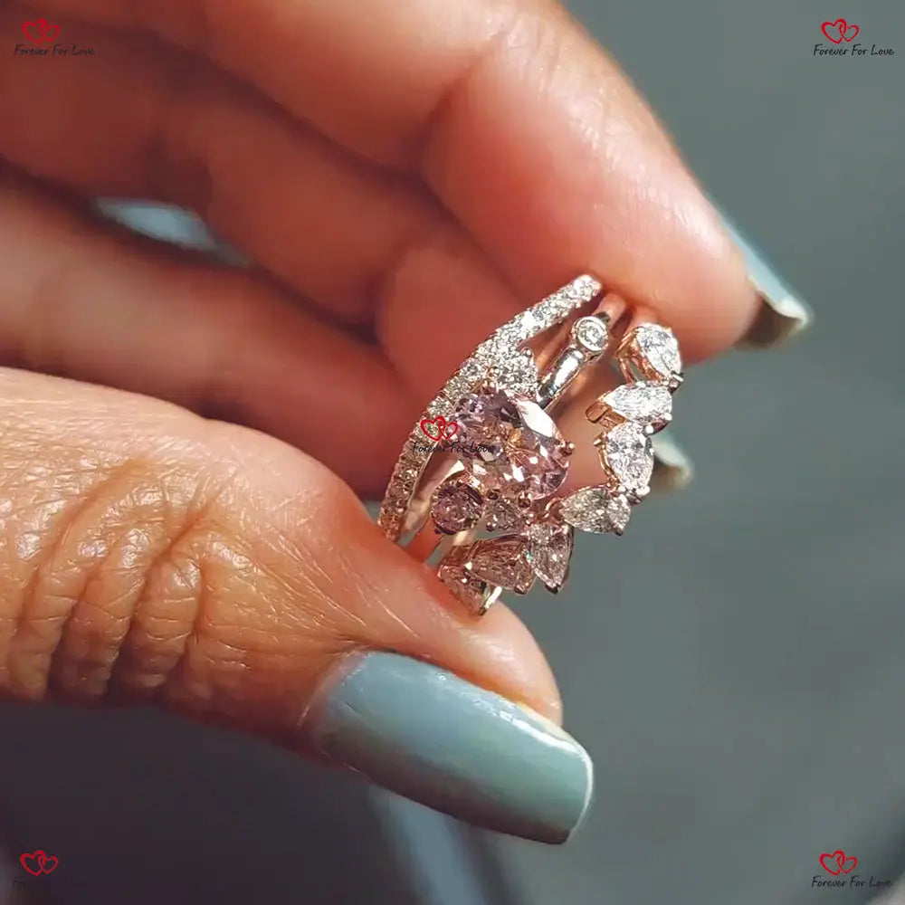 Vintage Morganite Oval /5*7mm and Diamond Engagement Wedding Set | Rose Gold Diamond Cluster Bridal Women Forever For Love