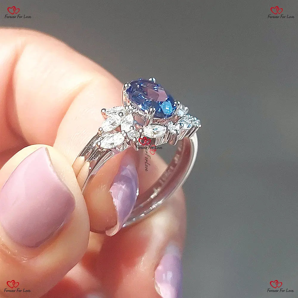 Unique Vintage Blue Sapphire Engagement Ring Art Deco Bridal Set Marquise Band Forever For Love
