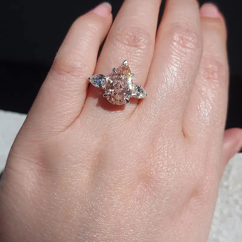 Pink Pear Cut three stone Lab Created Diamond Engagement Ring Forever For Love