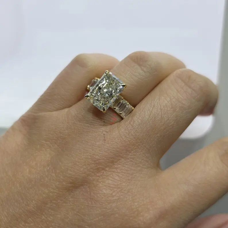 5 Carat Radiant Lab Diamond Engagement Ring, Emerald Pave Band Forever For Love