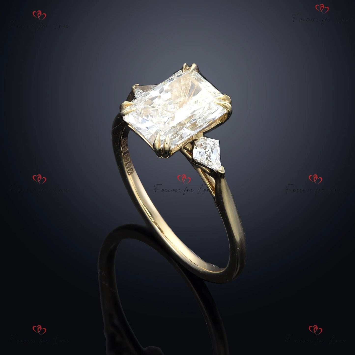 Radiant Cut Diamond Engagement Ring with Natural Kite Diamonds - IGI Certified Trilogy Ring Forever For Love