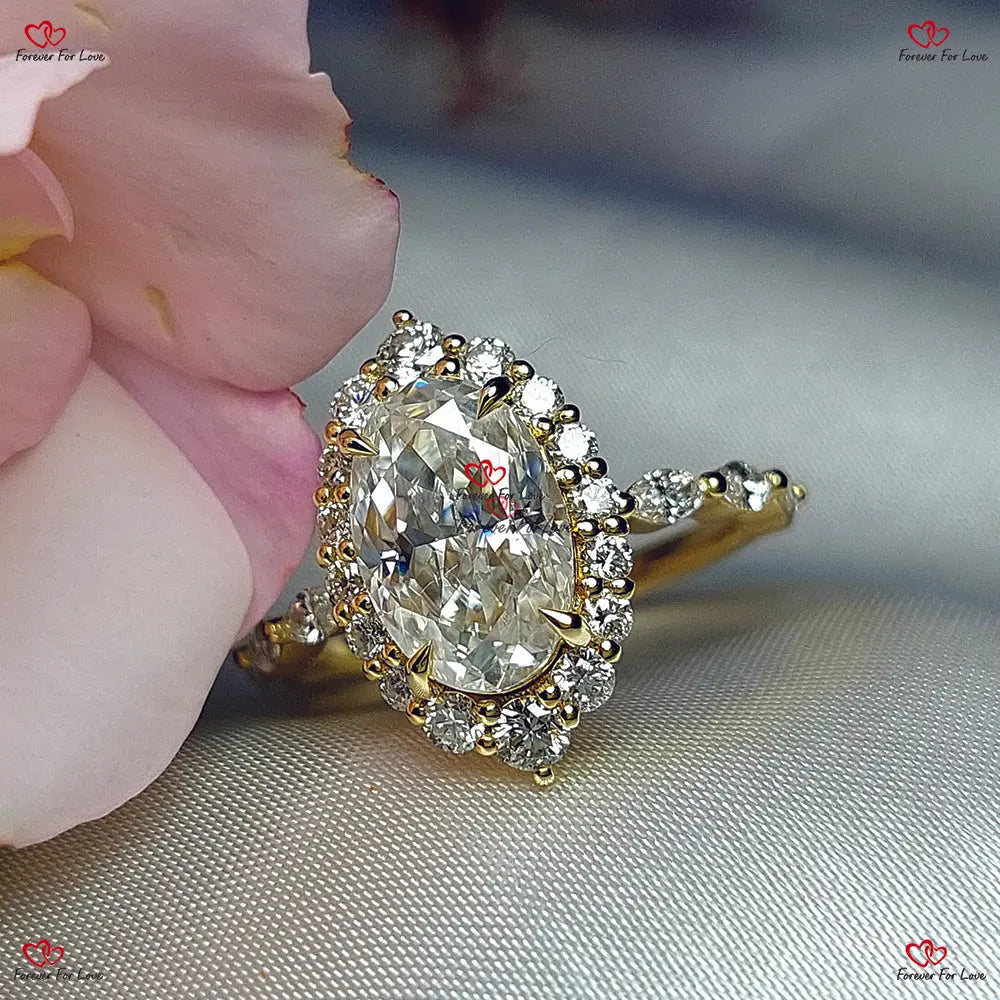 Unique Vintage Style Hybrid Crushed Ice Oval & Marquise Moissanite Ring | Diamond Halo Engagement Ring Forever For Love