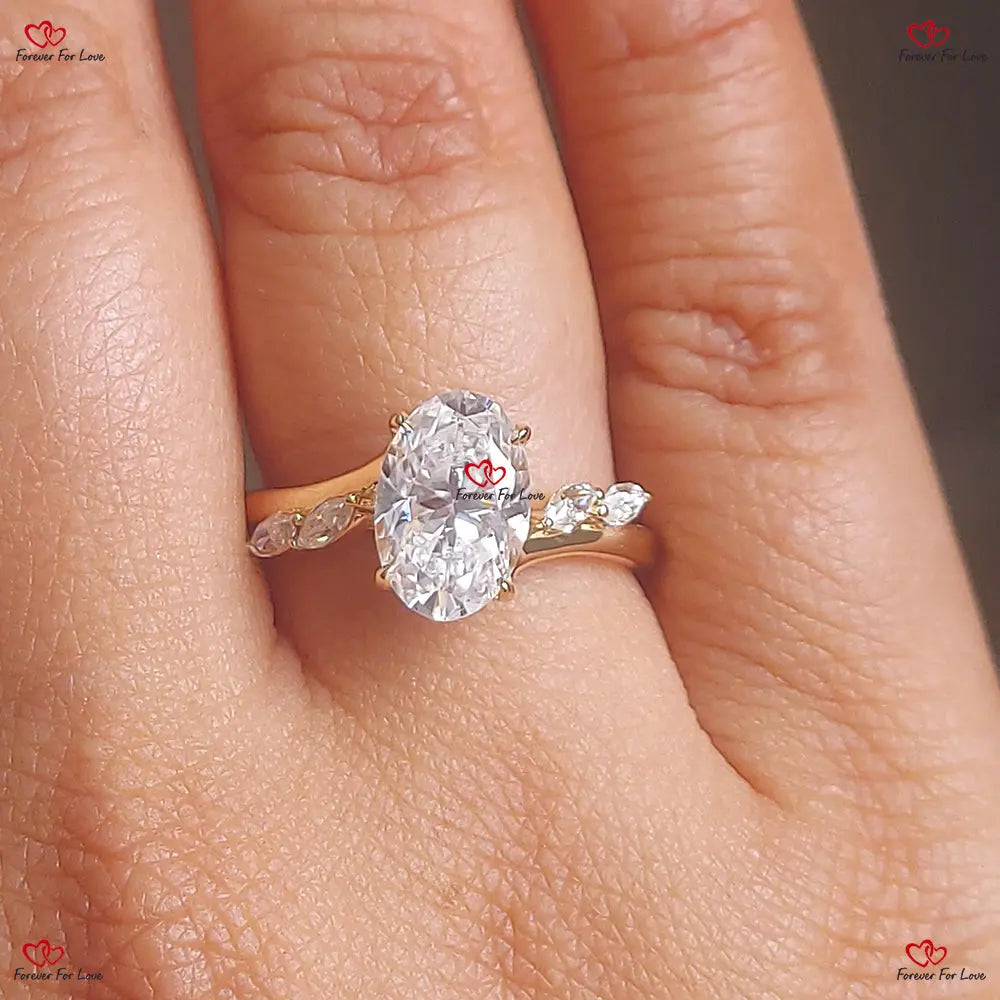 Unique Oval Engagement Ring with Marquise Diamond Band Forever For Love