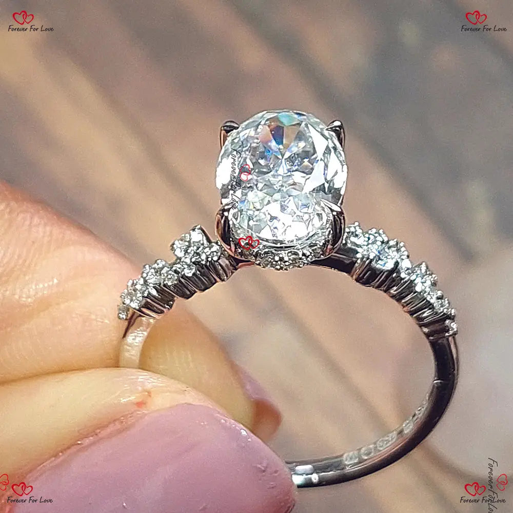 Unique Vintage Style Hybrid Crushed Ice Oval Moissanite Ring Cluster Diamond Engagement Ring in Solid Gold Forever For Love