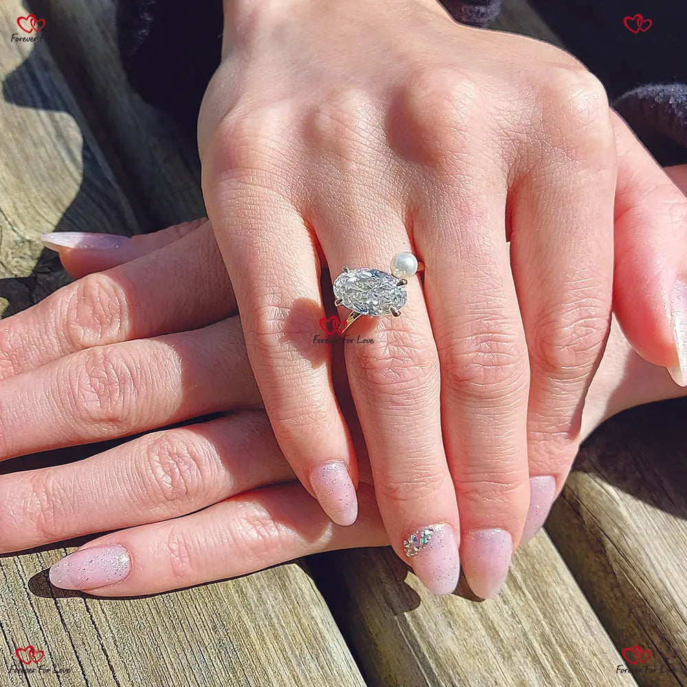 Oval Cut Moissanite Engagement Ring Crushed Ice Oval Pearl & Diamond Ring Inspired by Ariana Grande's Ring Forever For Love