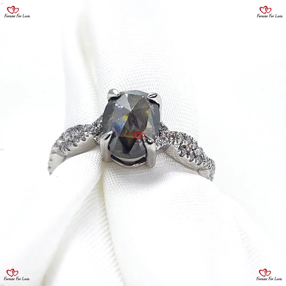 Vintage Oval Rose Cut Salt and Pepper Diamond Engagement Ring in White Gold Forever For Love