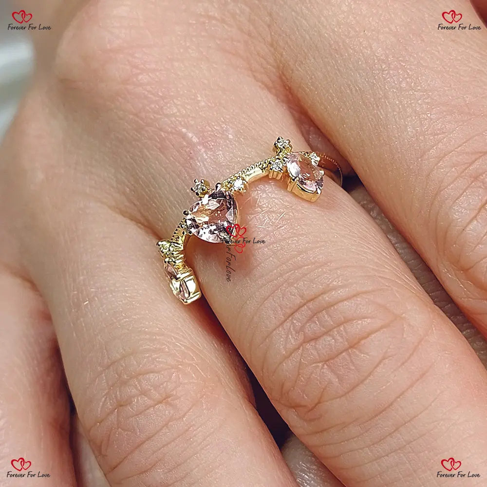 Vintage Morganite Crown Band Ring – Princess Wedding Band with Diamonds in Solid Gold Forever For Love