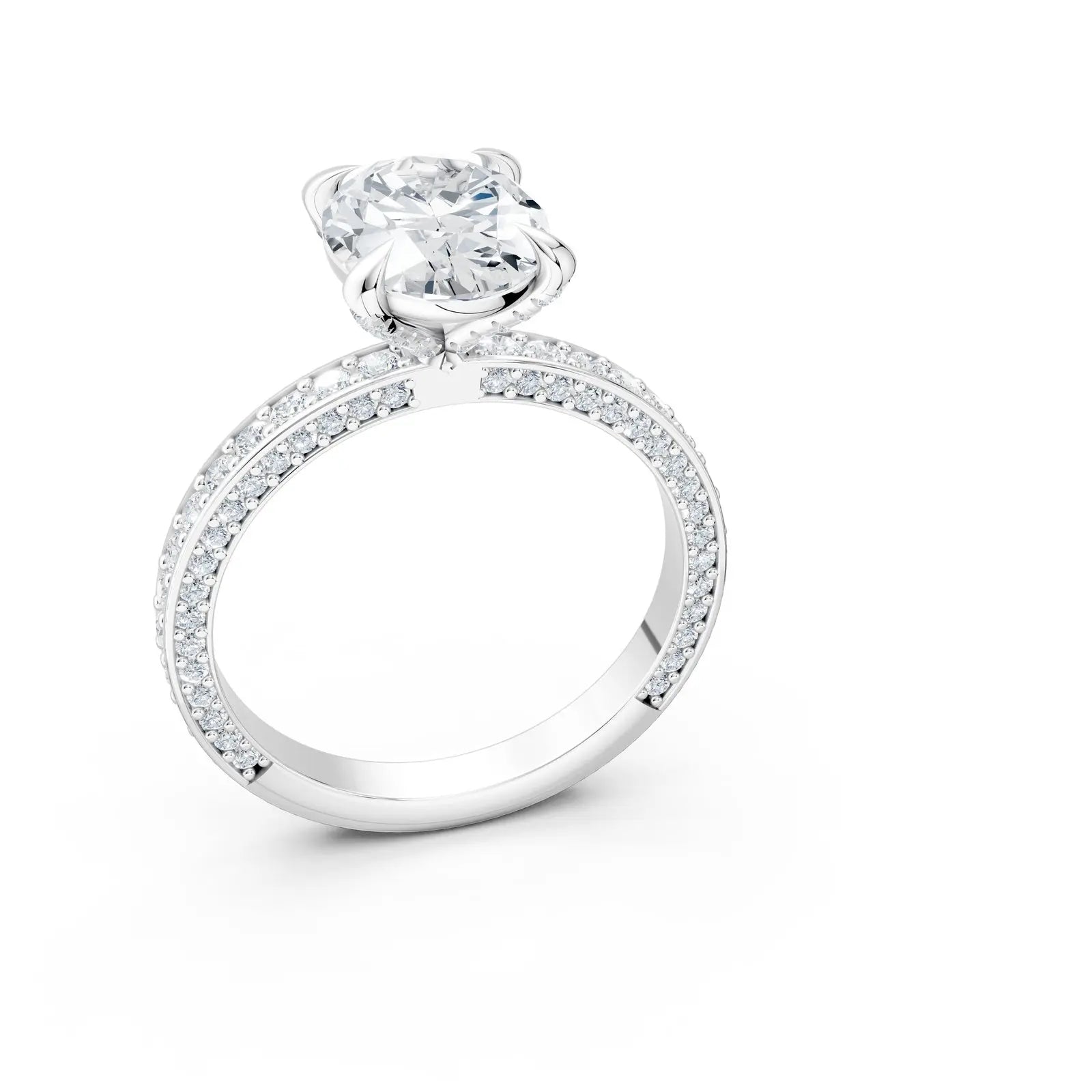 Oval Diamond Engagement Ring with Three-Row Pave Band and Hidden Halo Forever For Love
