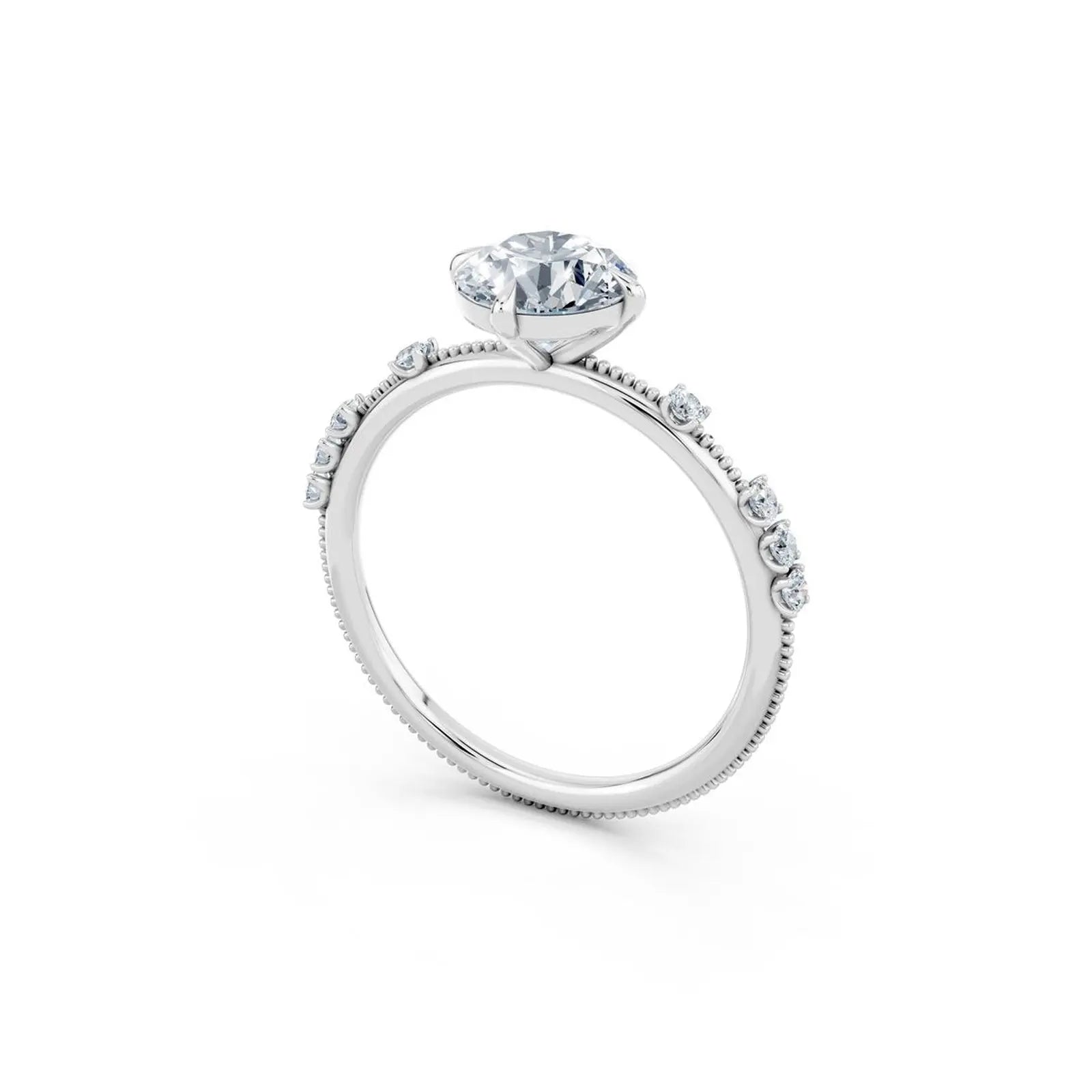 Vintage Oval Cut Diamond Engagement Ring with Milgrain and Diamond Accents - Round