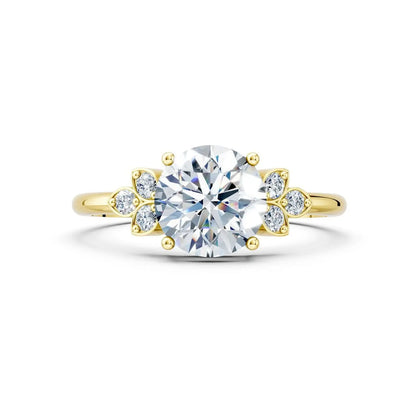 Floral Round Diamond Engagement Ring with Leaf Accents - Round