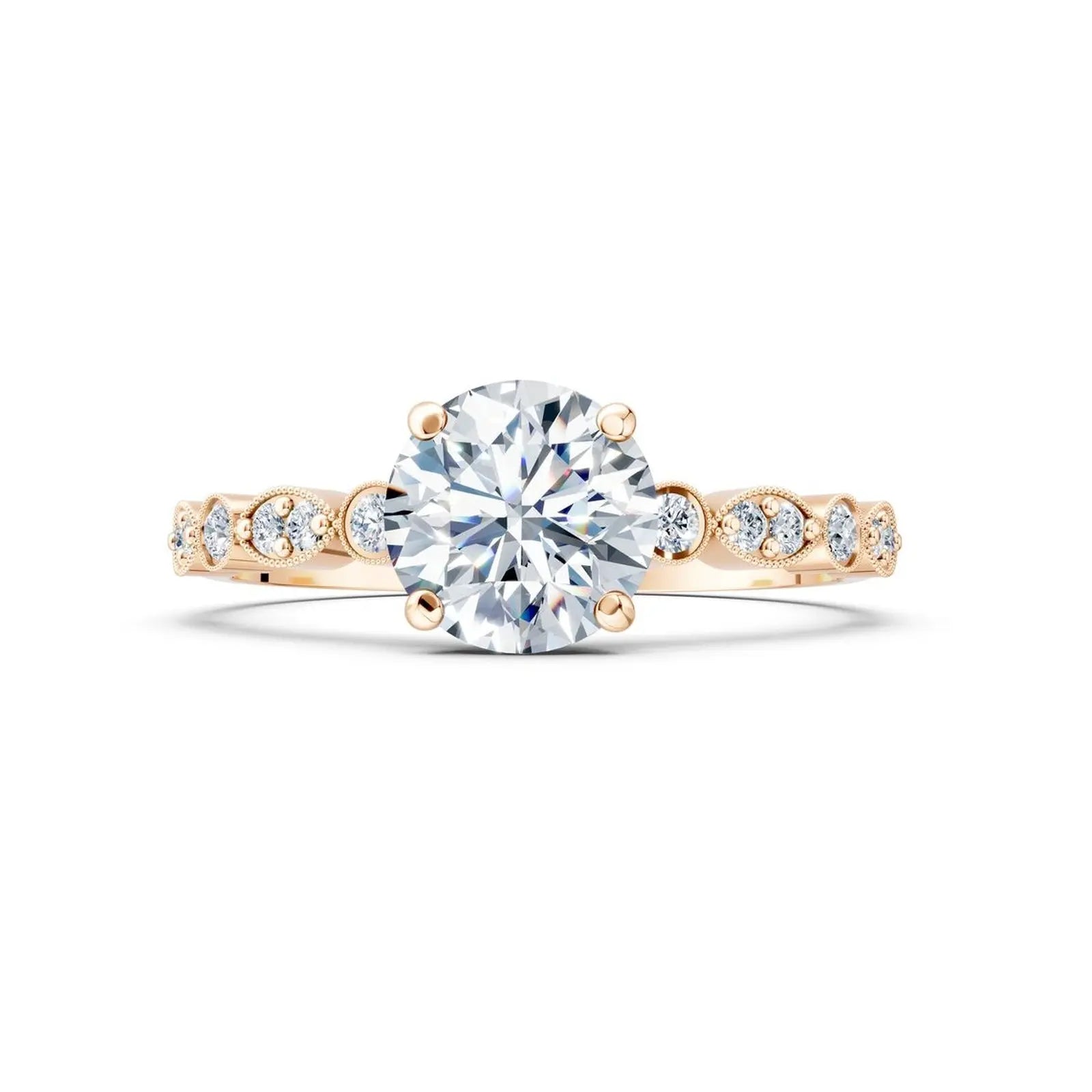 Vintage Round Diamond Engagement Ring with Scalloped Milgrain Accents - Round