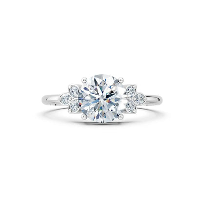 Floral Round Diamond Engagement Ring with Leaf Accents - Round