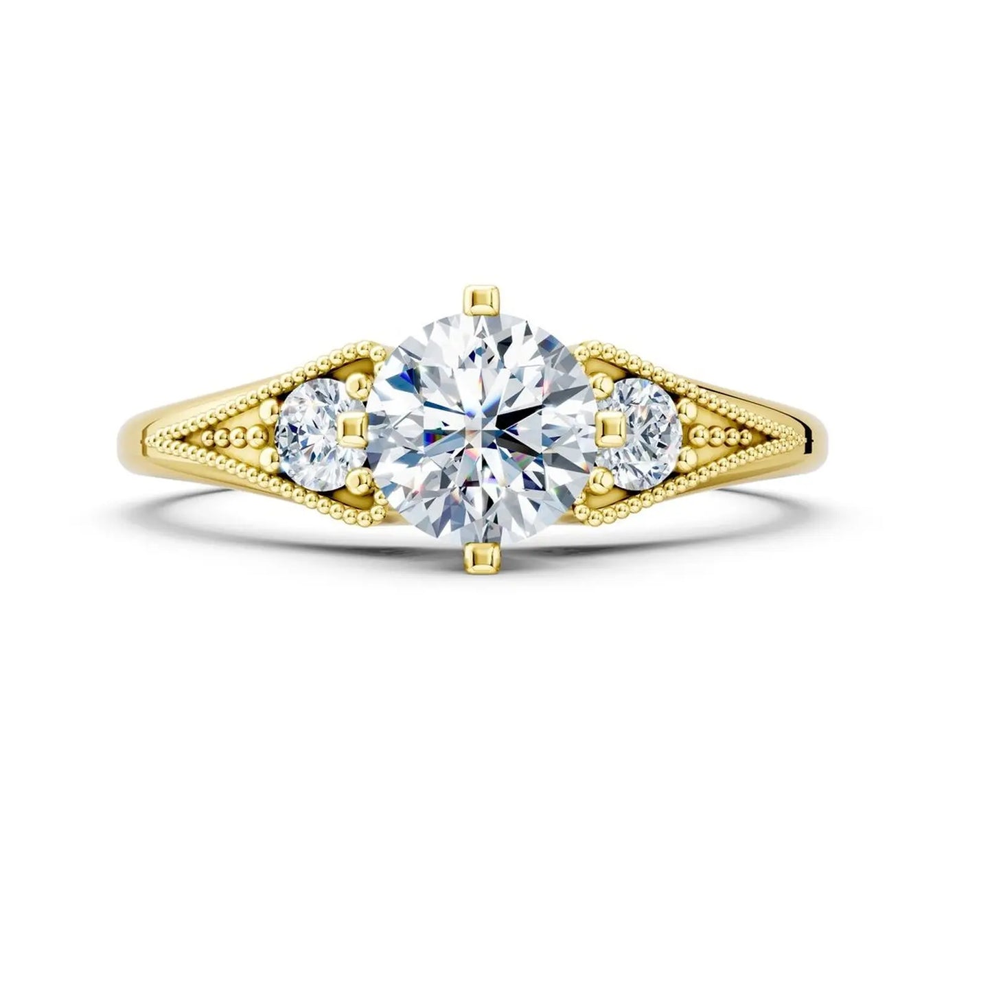 Vintage Three-Stone Round Diamond Milgrain Engagement Ring - Round