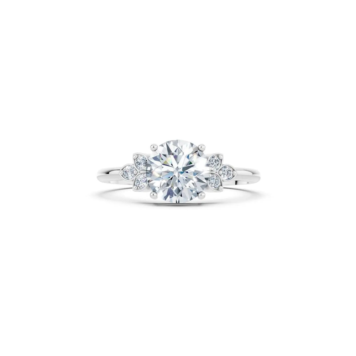 Floral Round Diamond Engagement Ring with Leaf Accents - Round