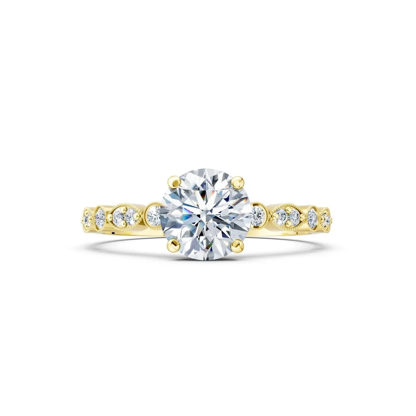 Vintage Round Diamond Engagement Ring with Scalloped Milgrain Accents - Round