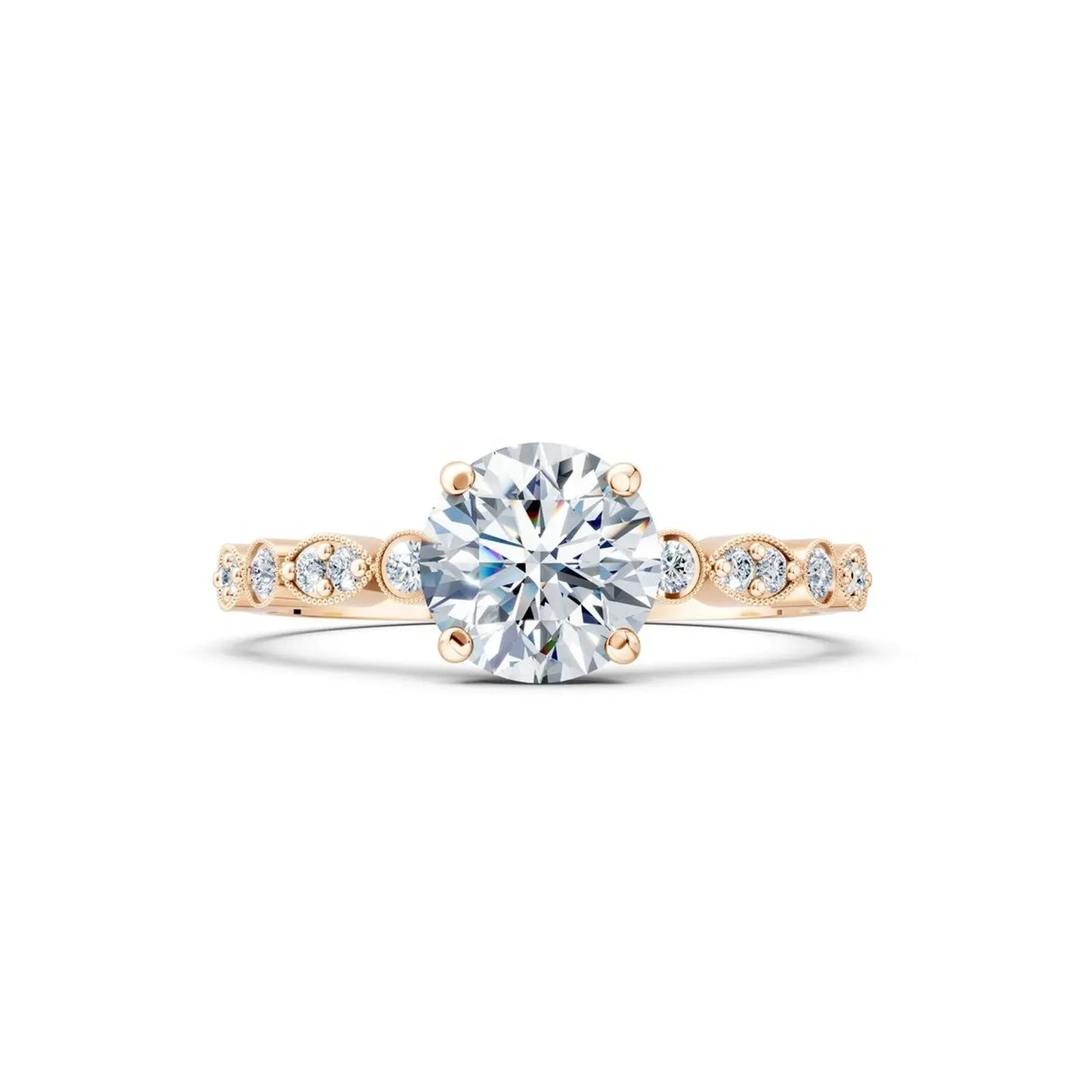 Vintage Round Diamond Engagement Ring with Scalloped Milgrain Accents - Round