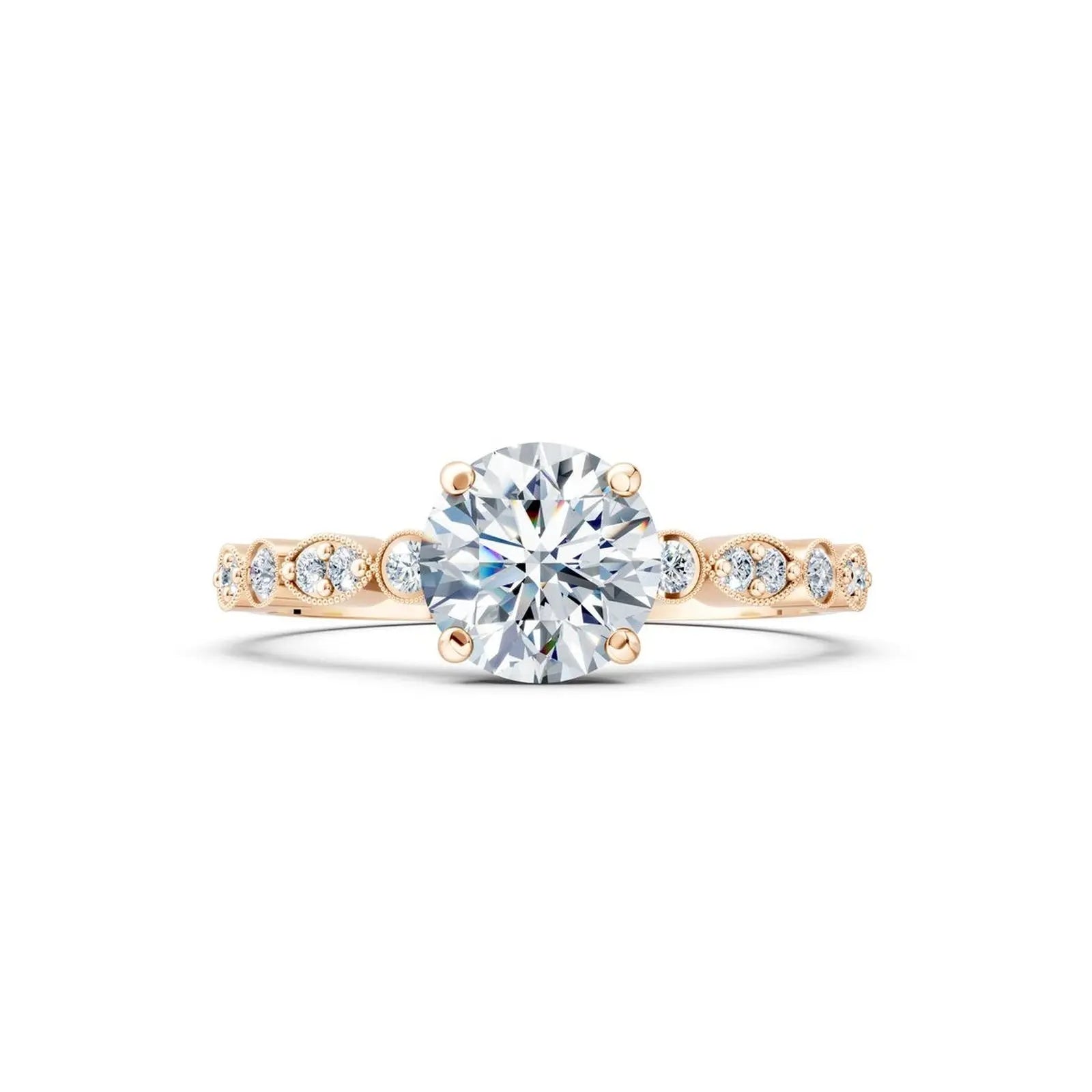 Vintage Round Diamond Engagement Ring with Scalloped Milgrain Accents - Round