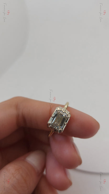 Bezel Setting 2 Ct East-West Emerald Cut Lab Diamond Engagement Ring