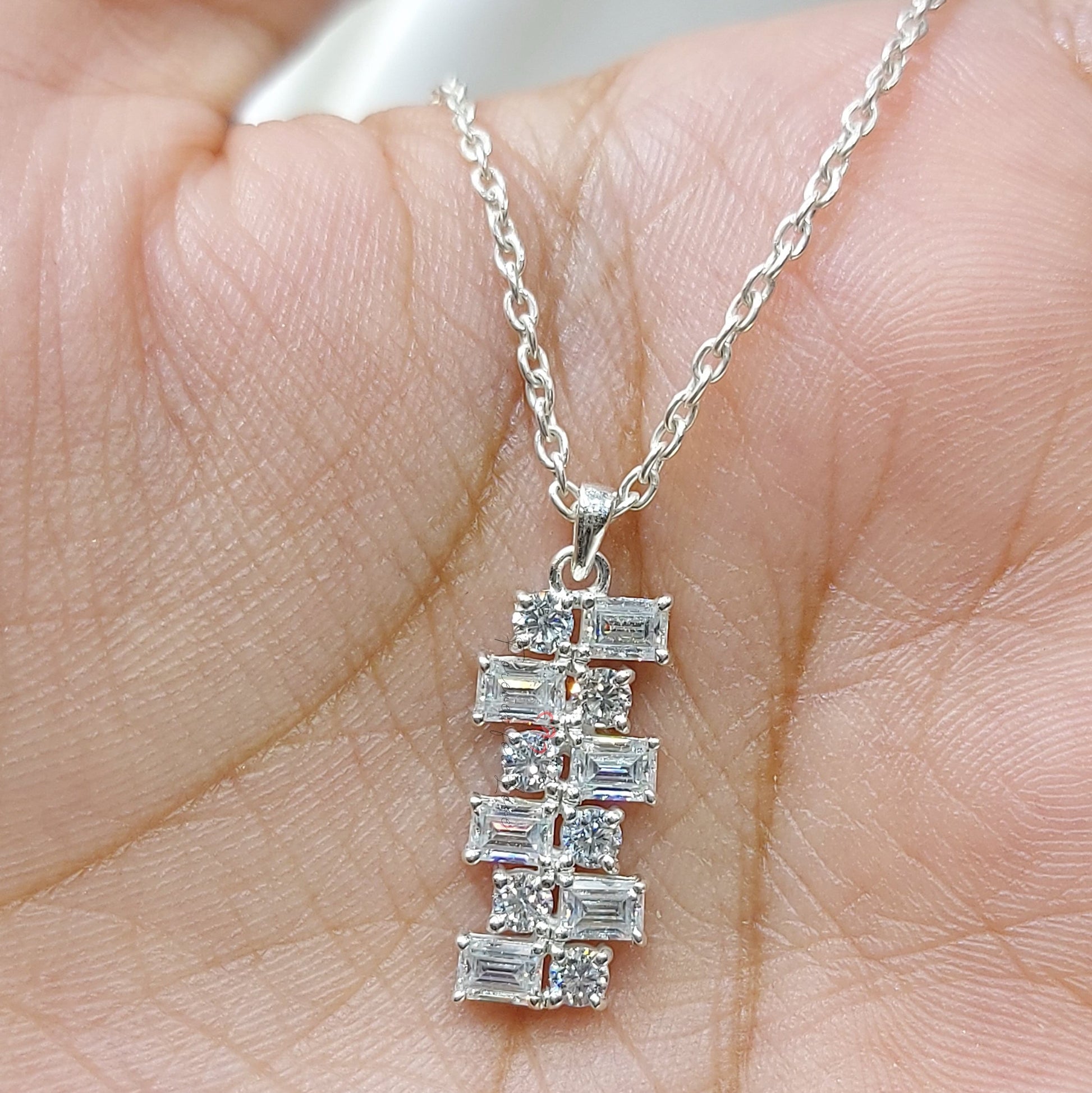 Baguette & Round Diamond Necklace Pendant, 18K white Gold Necklace, Art Deco Asymmetrical  Pendant, Minimalist Elegant Necklace Gift for Her Forever For Love