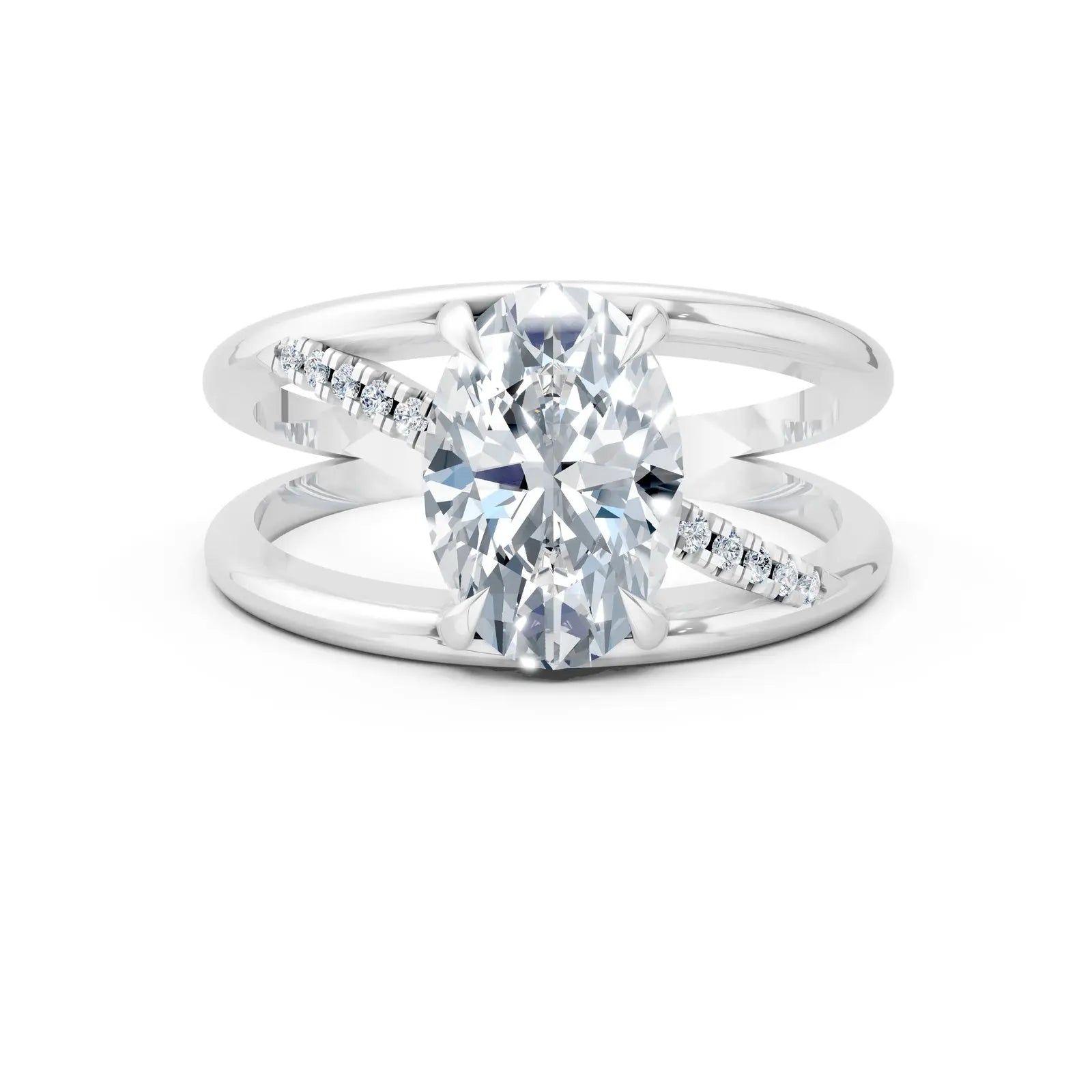 Oval Center Stone with Split Dual Band and Tension Setting Cross Pave Engagement Ring Forever For Love