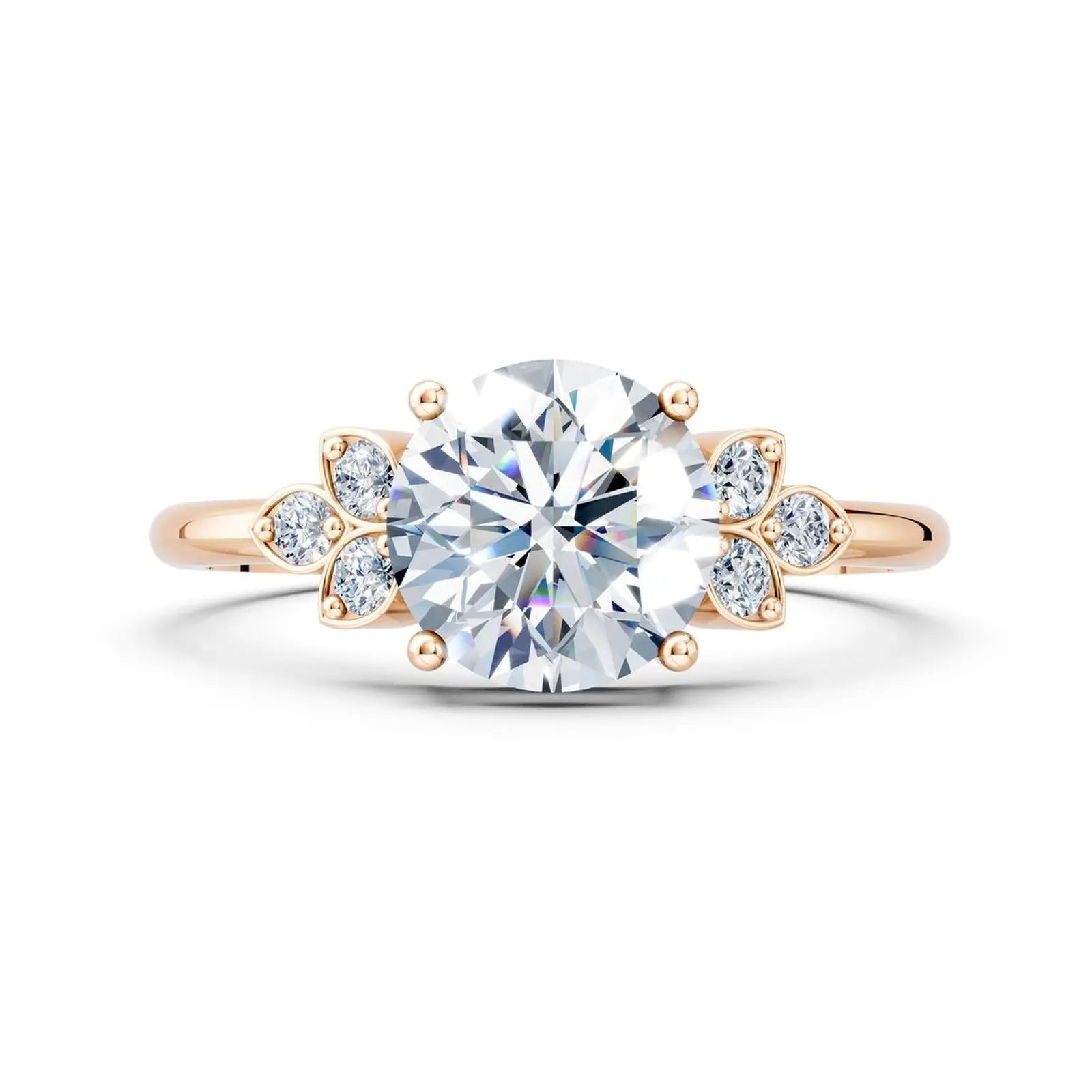 Floral Round Diamond Engagement Ring with Leaf Accents - Round