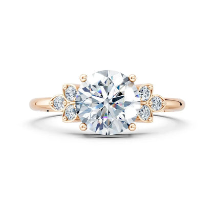 Floral Round Diamond Engagement Ring with Leaf Accents - Round