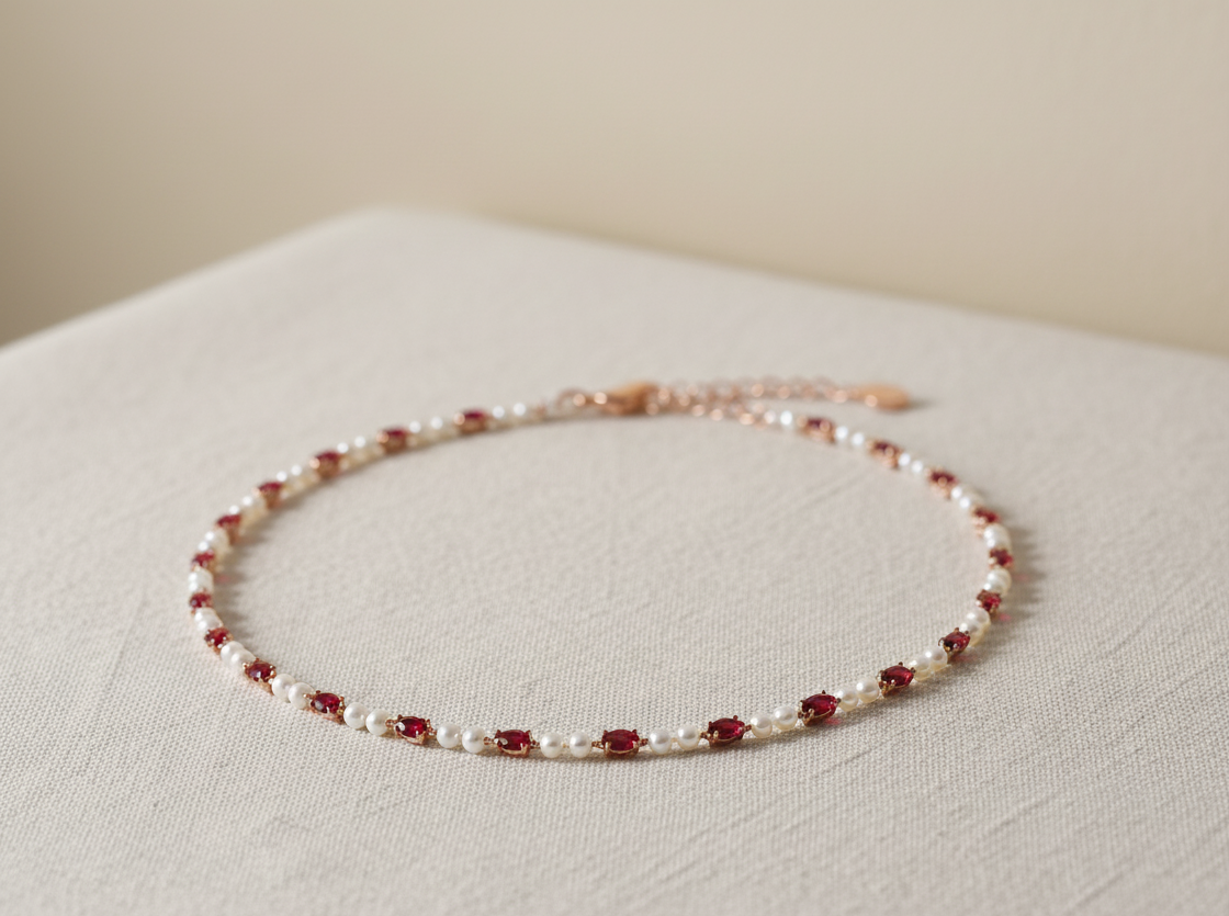 Ruby and Pearl Beaded Station Necklace, Solid Gold Chain, Dainty Ruby Gemstone Necklace, Gift For Her, Layering Necklace Forever For Love