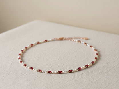 Ruby and Pearl Beaded Station Necklace, Solid Gold Chain, Dainty Ruby Gemstone Necklace, Gift For Her, Layering Necklace Forever For Love