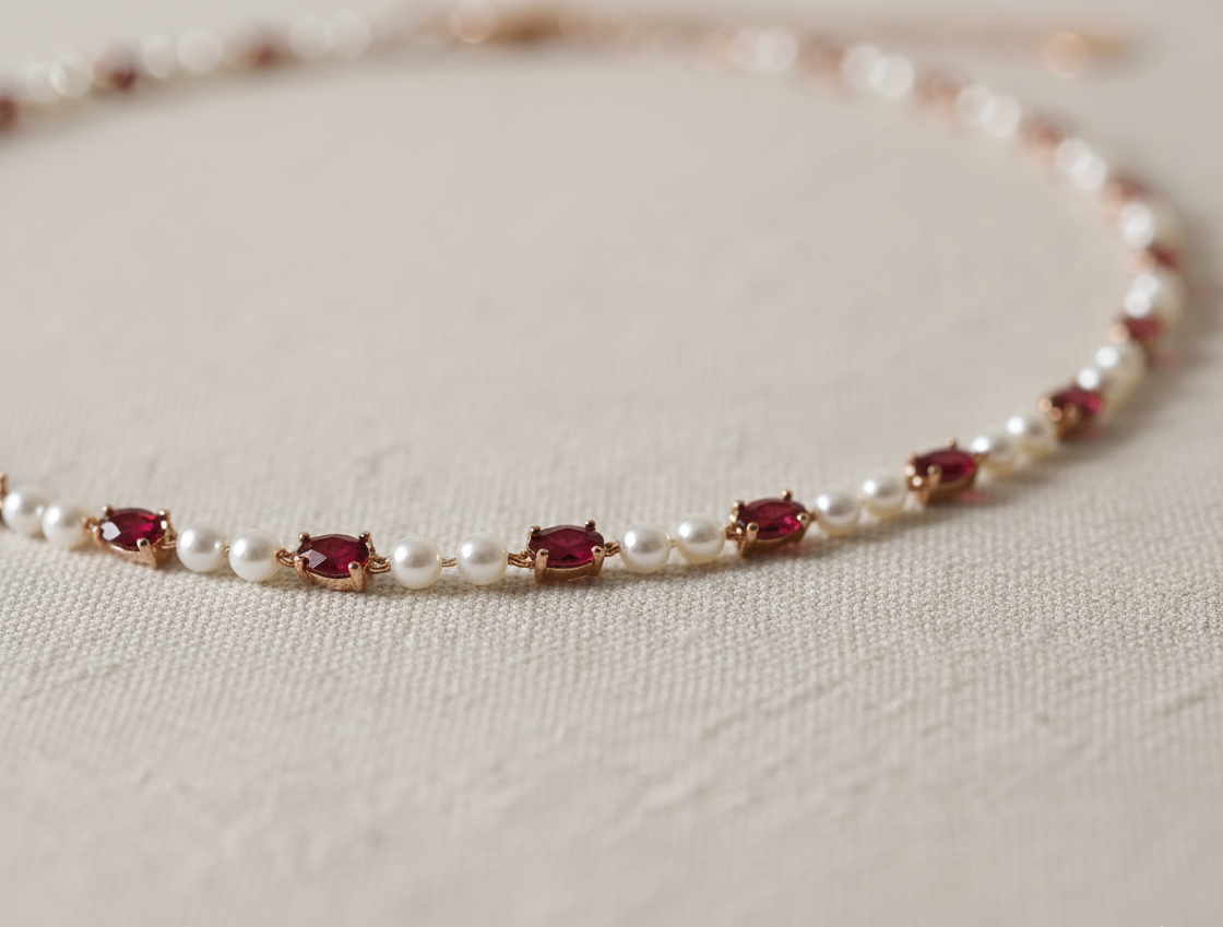 Ruby and Pearl Beaded Station Necklace, Solid Gold Chain, Dainty Ruby Gemstone Necklace, Gift For Her, Layering Necklace Forever For Love
