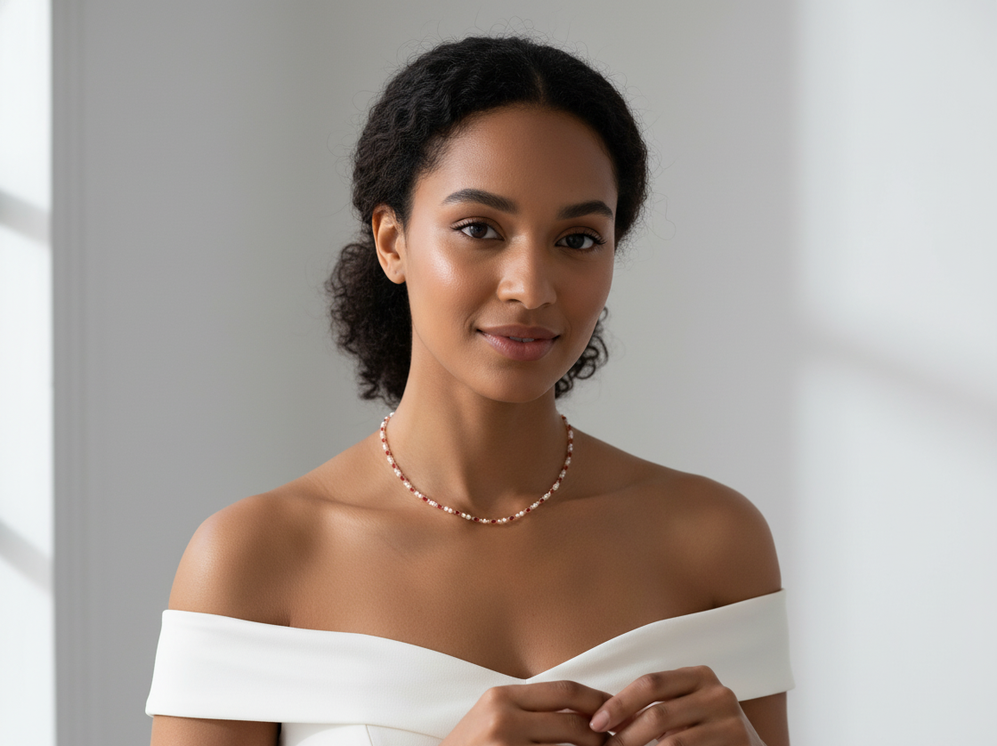 Ruby and Pearl Beaded Station Necklace, Solid Gold Chain, Dainty Ruby Gemstone Necklace, Gift For Her, Layering Necklace Forever For Love