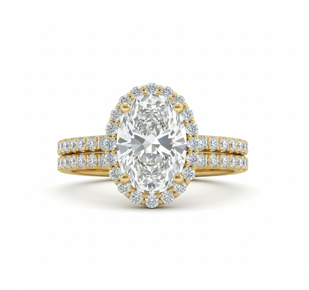 2 Carat Total D/VVS2 IGI Certified Oval Cut Lab Diamond Solitaire | Hidden Halo Engagement Ring Set with Matching Round Diamond Band | Gold Forever For Love