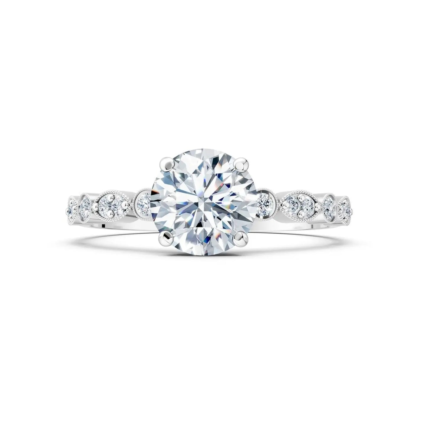 Vintage Round Diamond Engagement Ring with Scalloped Milgrain Accents - Round