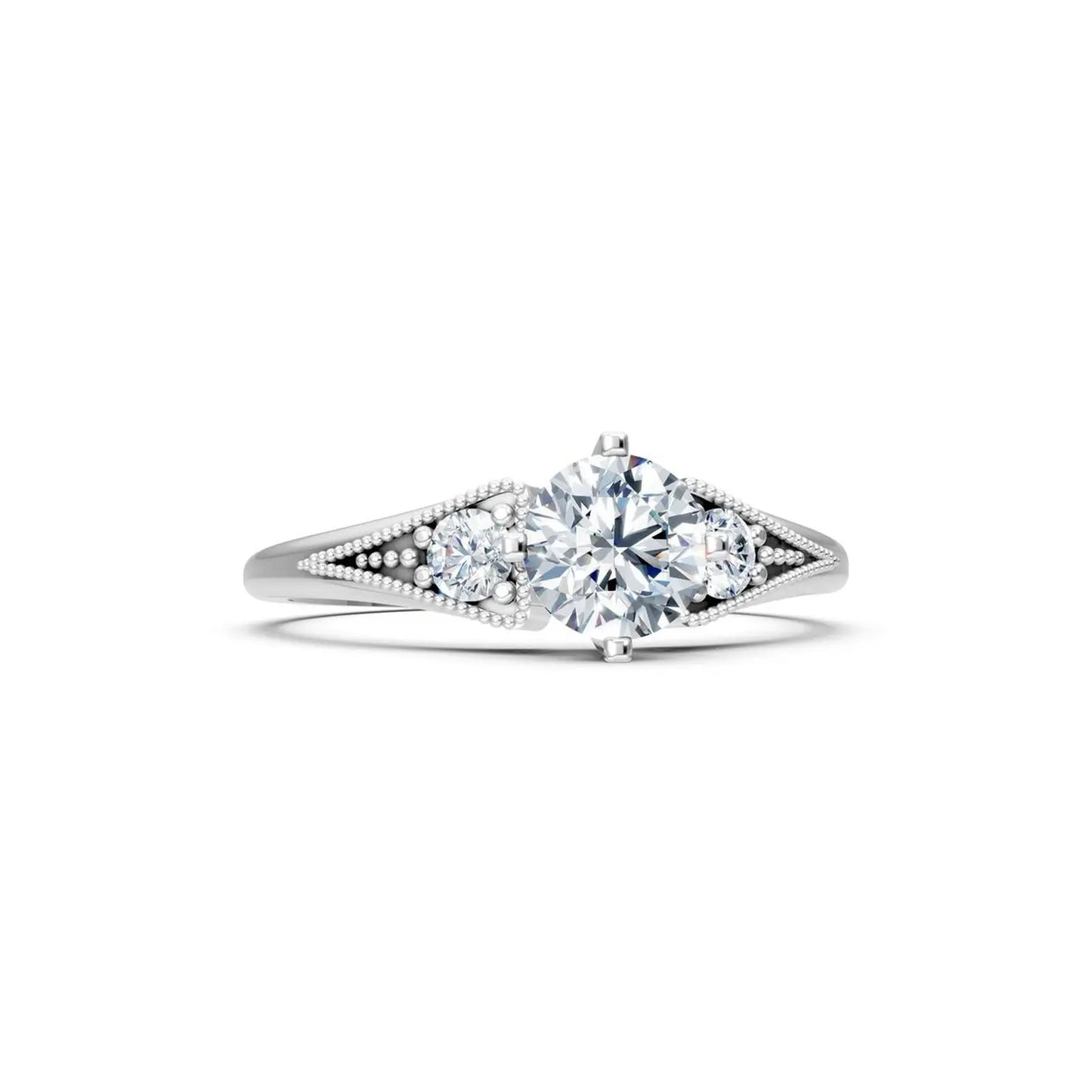 Vintage Three-Stone Round Diamond Milgrain Engagement Ring - Round