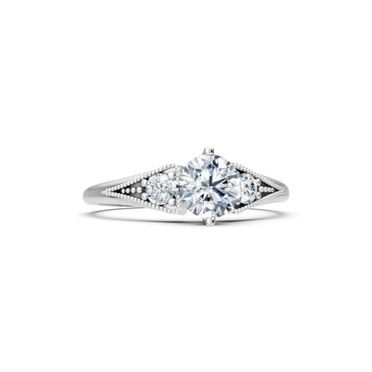 Vintage Three-Stone Round Diamond Milgrain Engagement Ring - Round