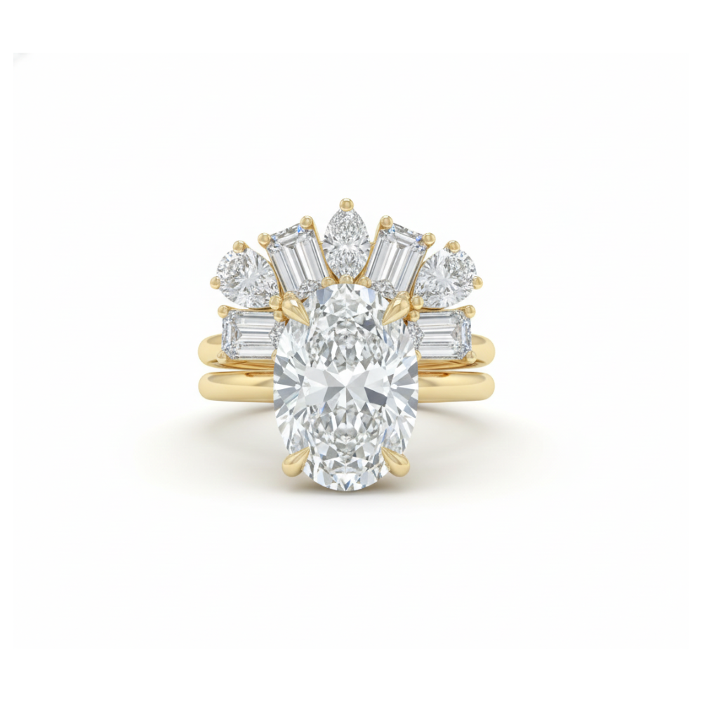 E VS1 CVD Lab Grown Oval Cut Solid Gold Engagement Ring with Hidden Halo | IGI Certified Bridal Set Forever For Love