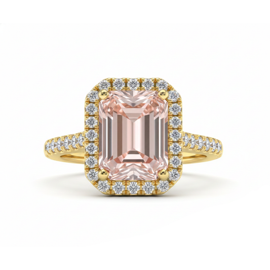 Pink Emerald Cut Lab Created Diamond Engagement Ring - IGI Certified Halo Diamond Ring Forever For Love