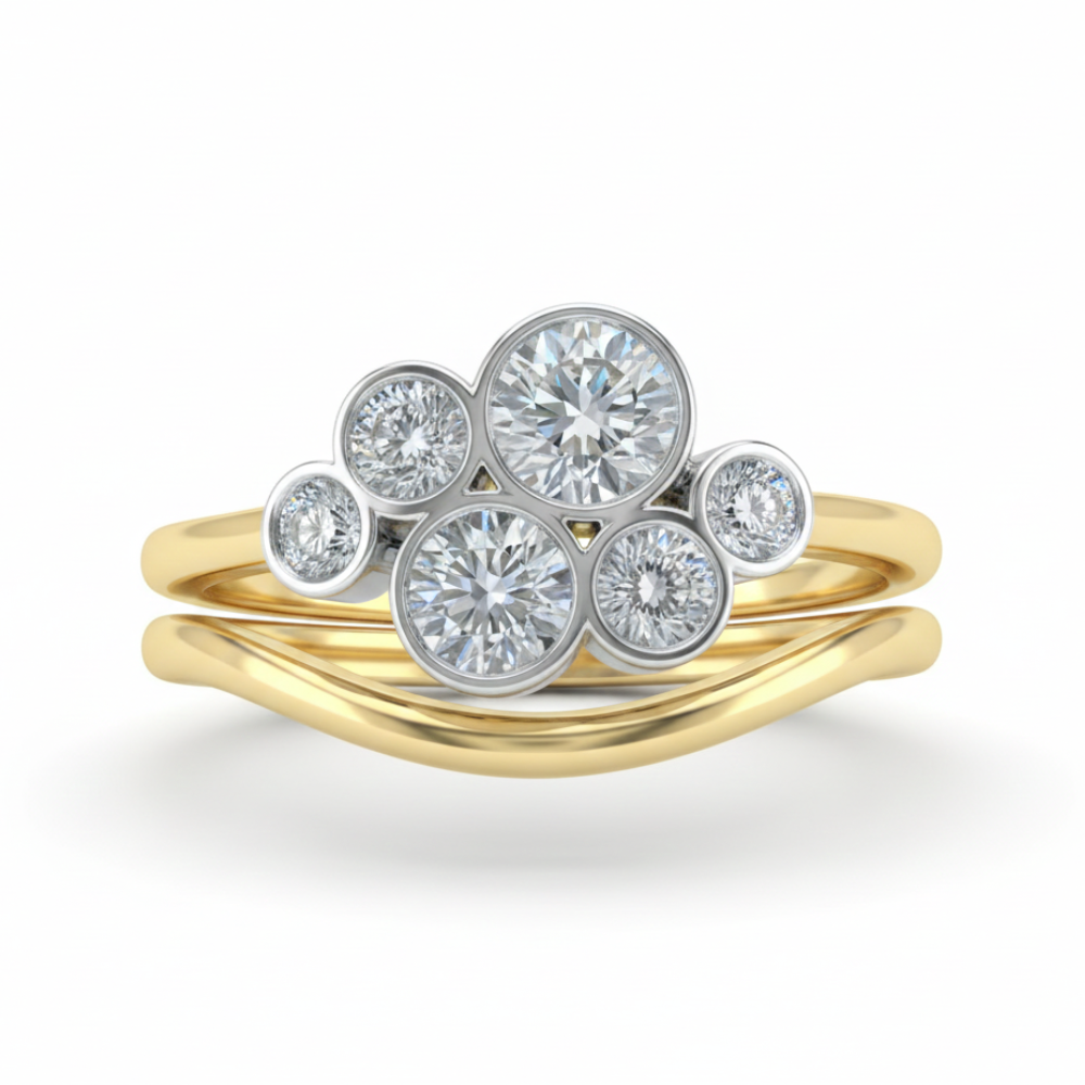 Unique Vintage Round Lab Grown Diamond Bubble Scatter Ring | Diamond Asymmetrical Conflict Free Diamond Bridal Set | Solid Gold Two Tone Ring Forever For Love