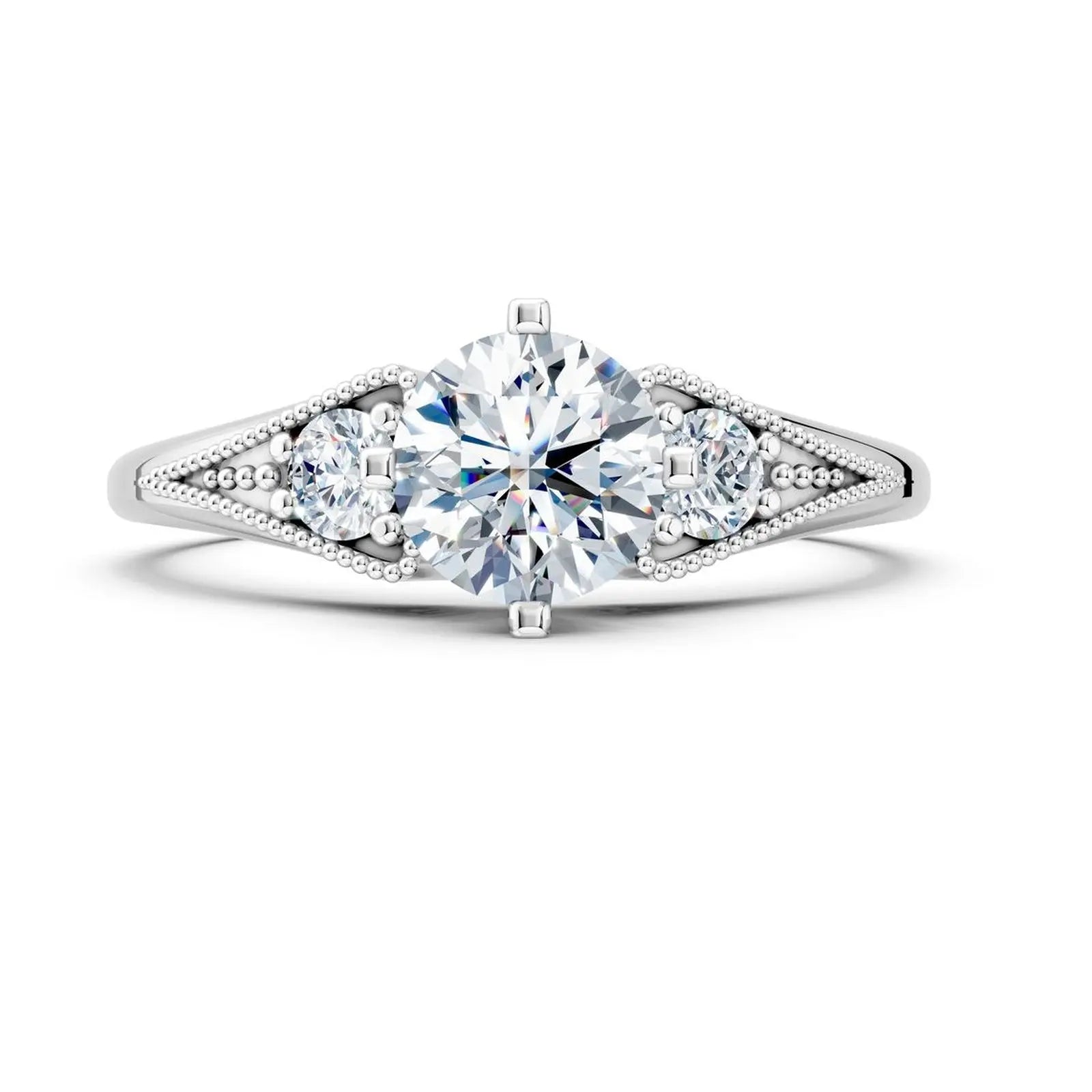 Vintage Three-Stone Round Diamond Milgrain Engagement Ring - Round