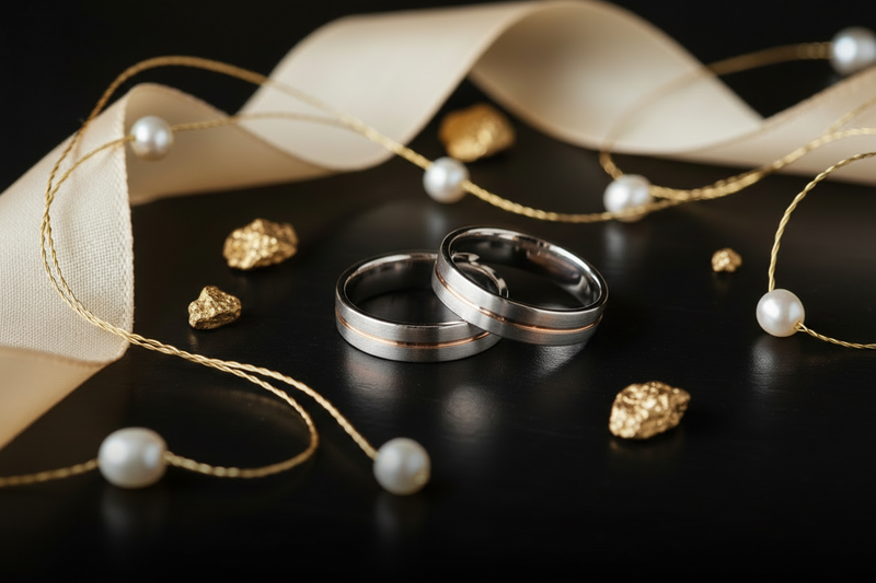 Pair of matte brushed grey wedding bands with a thin rose gold grooved center inlay