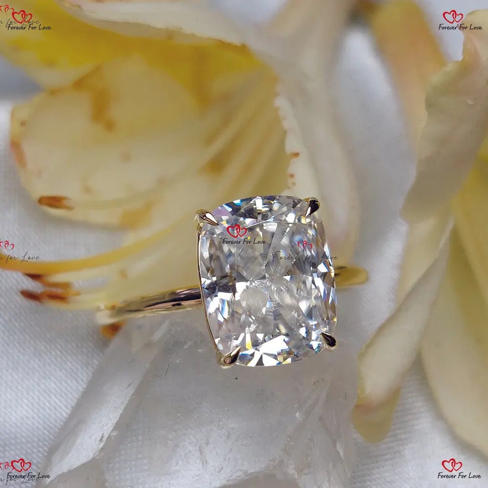 Cushion Cut Moissanite Engagement Ring - Hidden Halo Radiant Cut Solitaire in Solid Gold Forever For Love