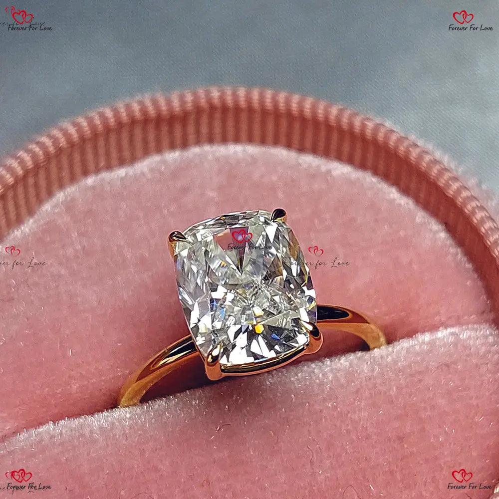 Cushion Cut Moissanite Engagement Ring - Hidden Halo Radiant Cut Solitaire in Solid Gold Forever For Love