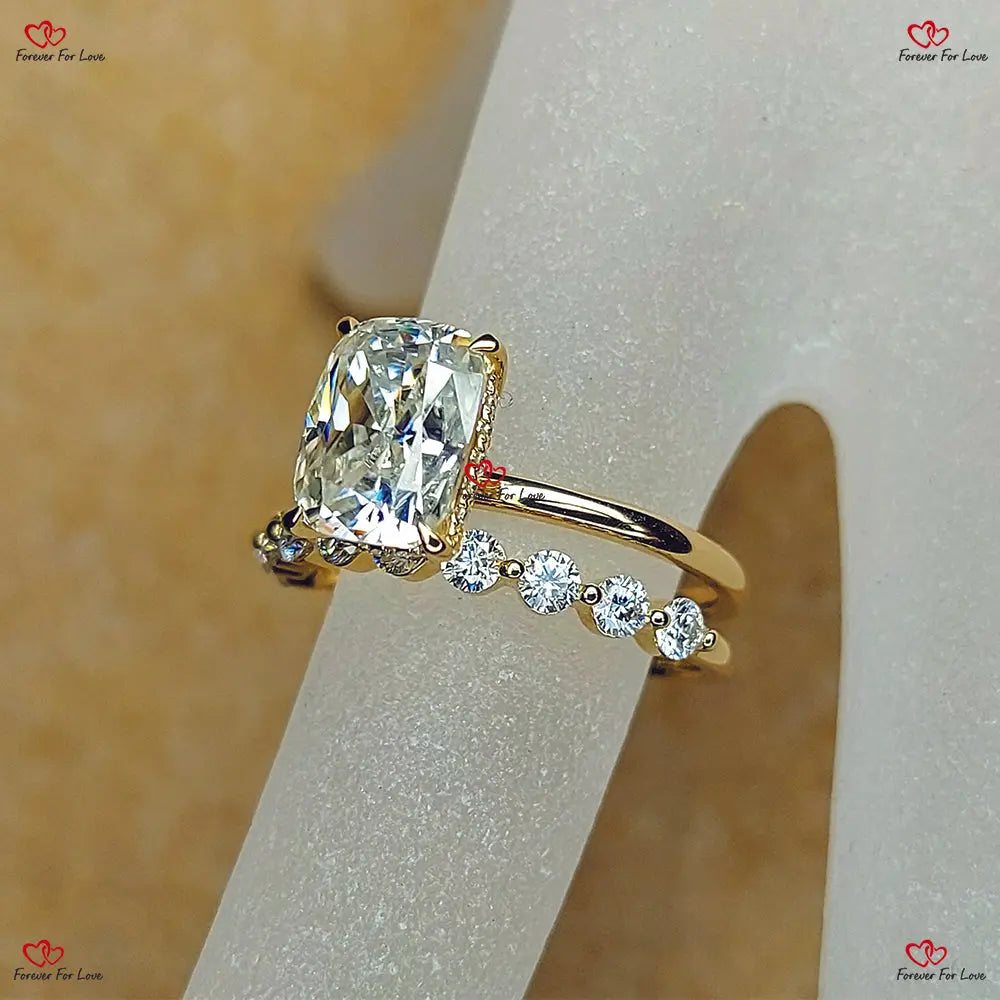 Cushion Cut Moissanite Wedding Set in Yellow Gold Forever For Love