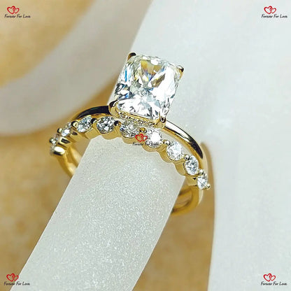 Cushion Cut Moissanite Wedding Set in Yellow Gold Forever For Love