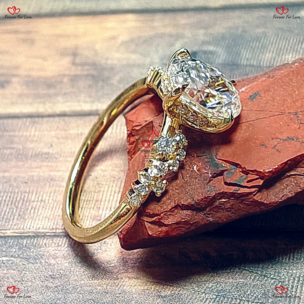 Unique Vintage Style  Hybrid Crushed Ice Oval Moissanite Ring – Cluster Diamond Engagement Ring in Solid Gold